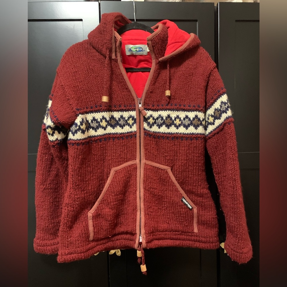 Laundromat Wool Red Hooded Zip Sweater Cabincore Scandi Girl knit